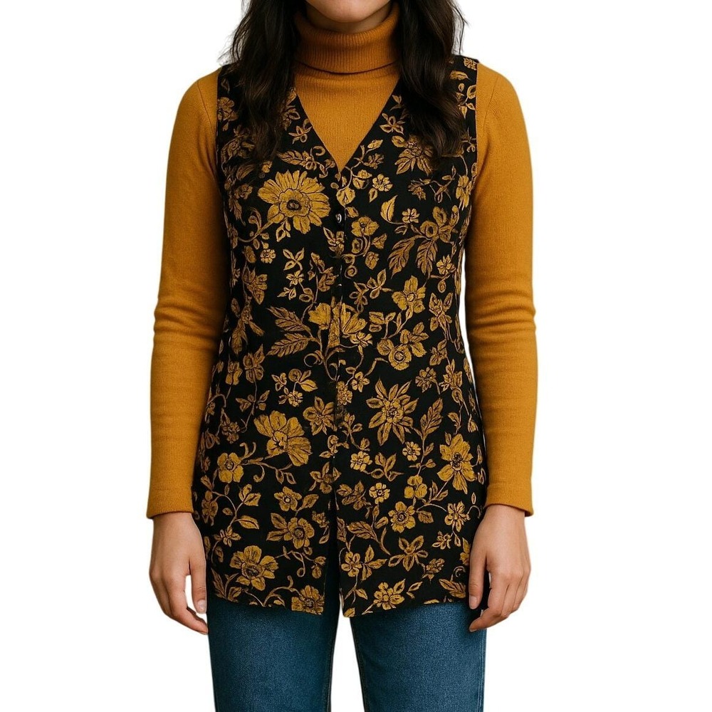 Lizwear Petite 90s Longline Vest Tunic Black Yellow Floral Print Beaded Size‎ 6